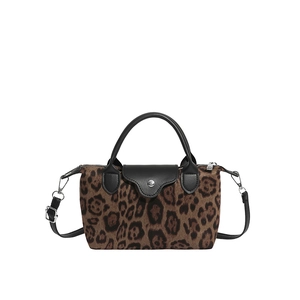 French style leopard print trapezoid handbag with black leather trim and top handles