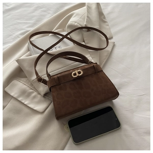 Detailed macro view of a brown leopard print handbag featuring a gold metal CD buckle
