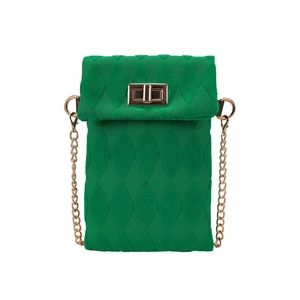 Green quilted knit crossbody bag with gold metal clasp and chain strap on white background