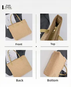 Close-up of khaki corduroy tote bag showing metal zipper and vertical striped texture