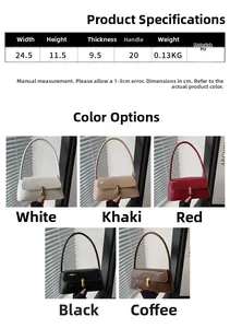 Détail montrant cinq variantes de couleurs et les dimensions du sac baguette rétro en similicuir