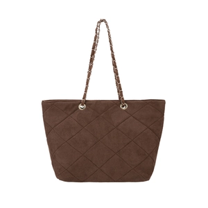 Retro dark brown quilted suede tote bag with signature metal chain leather straps
