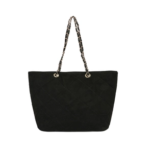Quilted black tote bag with gold chain strap and elegant diamond stitch pattern
