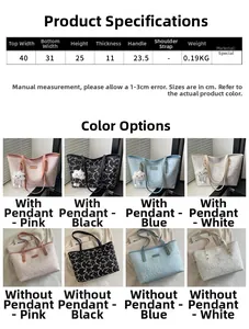 Size chart showing large tote bag dimensions 40x25cm with fabric details and colors