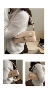 Vues détaillées d'un sac baguette en cuir verni beige brillant avec fermoir doré