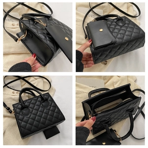 Detailed views of black quilted crossbody bag with matching coin purse and gold hardware
