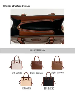 Dettaglio delle tasche interne con zip e delle opzioni di colore disponibili della borsa