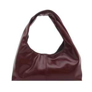 Fashionable burgundy high-gloss patent leather tote bag with retro hobo shoulder style