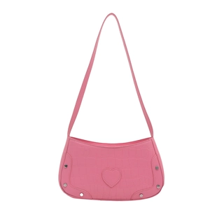 Pink heart-decorated croissant shoulder bag with faux crocodile texture and silver studs