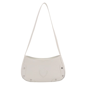 Minimalist white faux leather half-moon shoulder bag with heart patch and silver rivets