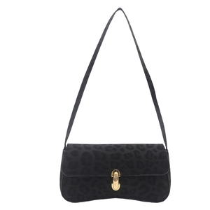 Elegant black leopard print baguette shoulder bag with gold metal buckle closure