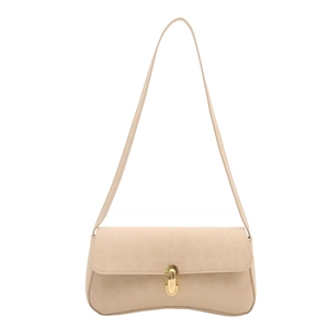 Chic beige rectangular underarm shoulder bag with golden lock and minimalist strap