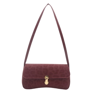 Burgundy leopard print faux suede shoulder bag with gold metal U-shaped clasp decoration