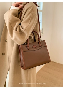 Borsa tote retrò marrone minimalista con manici superiori e tracolla regolabile donna