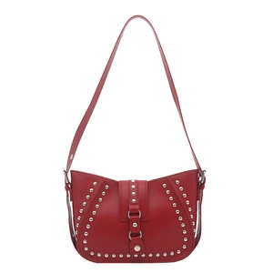 Vintage red leather crossbody bag featuring silver stud accents and adjustable strap