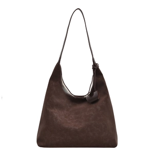 Retro dark brown large capacity faux suede shoulder bag with minimalist stitching detail