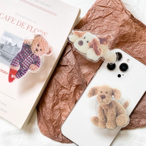 Cute cartoon animal phone grip with realistic teddy bear and dog photo prints