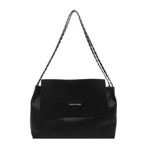 Large vintage black patchwork tote bag with chain strap and contrast textures