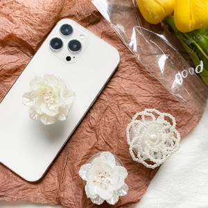 Elegant white 3D resin flower and pearl bead phone socket stand set for desk support