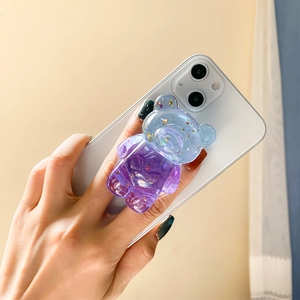 3D bear phone socket with purple gradient resin and gold foil on white smartphone