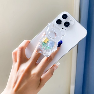 Transparent bear phone grip stand with colorful flowers for desk and mobile support
