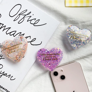 Glitter heart phone socket stand with telescopic grip in pink and purple colors