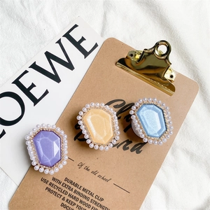 Chic folding cell phone grip stand with gemstone texture and pearl rim in three colors