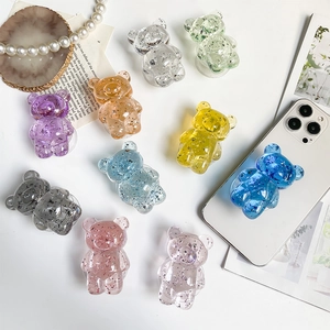 Sparkling transparent bear cell phone grip with silver foil in various colors