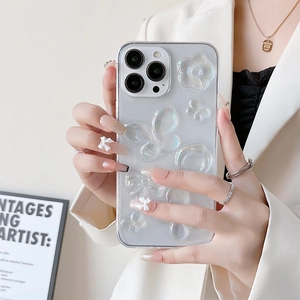 3D holographic butterfly and flower clear phone case for iPhone 16 Pro shown in hand