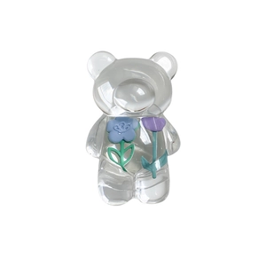 Transparent bear phone grip with blue and purple flowers in a cute Korean minimalist style