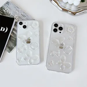 Detail of transparent iPhone case featuring 3D laser butterflies and pearlescent flowers