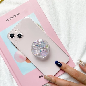 Chic laser flower phone socket grip with iridescent 3D roses and butterfly detail