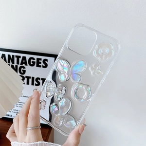 Laser butterfly and flower 3D holographic transparent case for iPhone 16/17 Pro