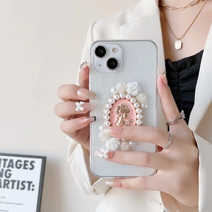 Chic 3D camellia and portrait relief phone case for iPhone in creamy white finish