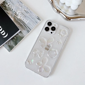 Detailed view of clear iPhone case with 3D laser butterfly and floral laser accents