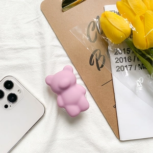 Pink cartoon bear collapsible phone socket grip with soft matte silicone finish