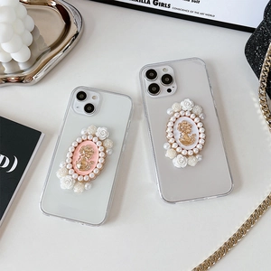 Vintage Camellia and cameo phone case for iPhone with pearls and resin rose relief decor
