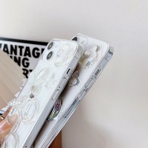 Detail of iPhone case with 3D laser flower pattern and pearly white holographic finish