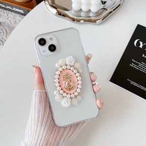 Detail of iPhone case with vintage embossed portrait and 3D resin roses and pearls