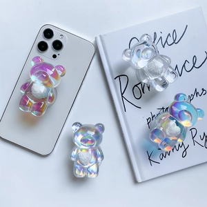 Support De Téléphone Ours Mignon Irisé Holographique Acrylique Griptok Avec Cœur En Peluche Rétractable Adhésif