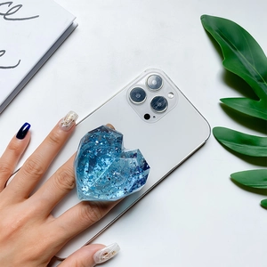 Blue heart resin phone socket with sparkling sequins and diamond cut surface