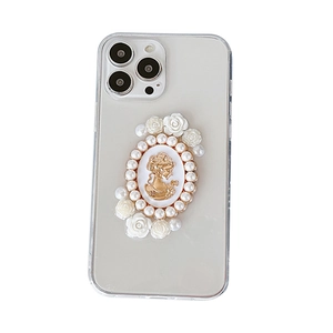 Elegant iPhone case with vintage gold cameo, white resin roses and pearl embossed decor
