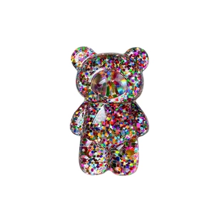 Sparkly glitter bear phone stand with colorful sequins and a steady retractable mount