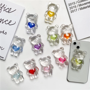 Cute 3D Bear Transparent Resin Phone Airbag Stand Retractable Foldable Griptok Heart Decor Simple Smartphone Holder