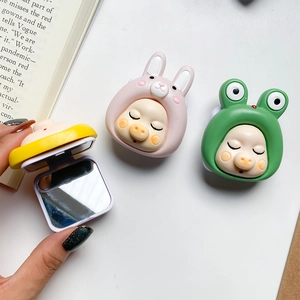 Portable cartoon makeup mirror phone grip featuring cute animal faces and fold-out square mirror