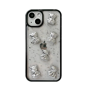 Silver glitter iPhone case featuring 3D electroplated bears and protective bumper