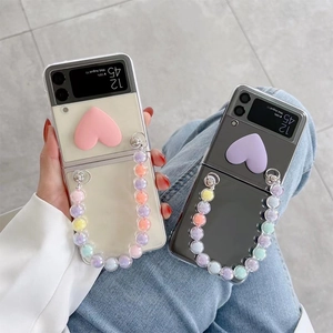 Foldable Phone Case For Fold Flip Series With 3D Heart And Colorful Bead Chain Strap Minimalist Protective Cover