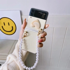 Folding Smart Phone Case With Faux Artificial Pearl Chain Handle And 3D Heart Decor Transparent PC Cover For Foldable Models