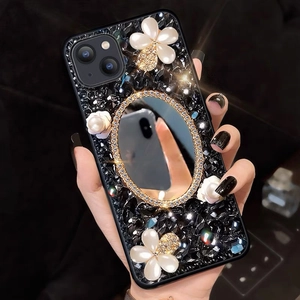 Luxury iPhone case with makeup mirror, 3D pearl flowers, and sparkling rhinestones