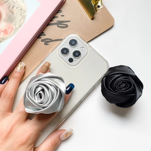 Satin fabric rose flower phone socket grip in silver and black colors for smartphones